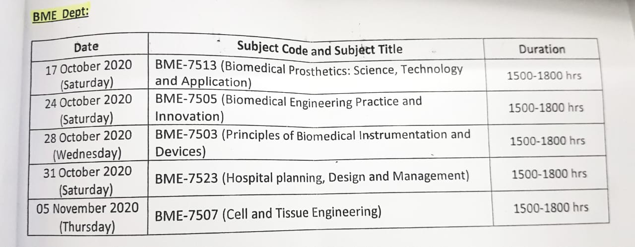 Routine for M.Sc. Final Exam starting on 17th October, 2020